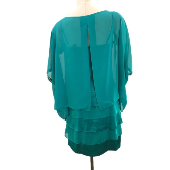 Laundry by Shelli Segal Dress Teal Tiered Sheer Overlay Beaded 2 piece - Picture 4 of 16